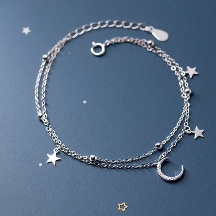 Celine 925 Sterling Silver Star & Moon Double Layer Bracelet - Bad Mystic