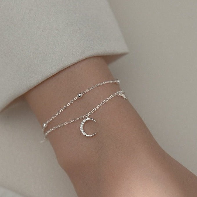 Celine 925 Sterling Silver Star & Moon Double Layer Bracelet