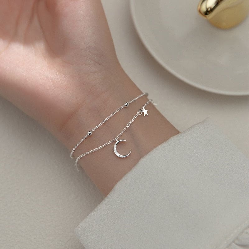 Celine 925 Sterling Silver Star & Moon Double Layer Bracelet - Bad Mystic